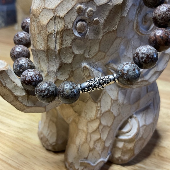Coffee Brown Snowflake Jasper 8mm Beaded Bracelet with Flower Scroll Bead - Picture 3 of 5